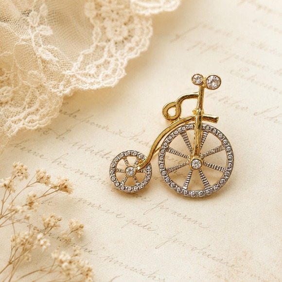 Jewelry - Rhinestone Penny Farthing Bicycle Brooch Moving Wheels Gold Tone Vintage OS